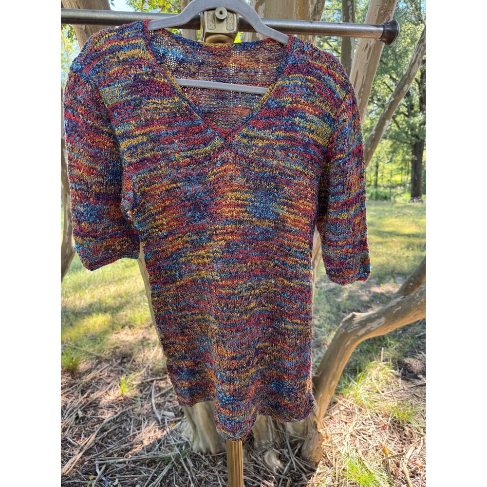 Vintage Y2K Colorful Knit V-Neck Tunic Sweater 3/4 Sleeve Pullover Size‎ XS / S
